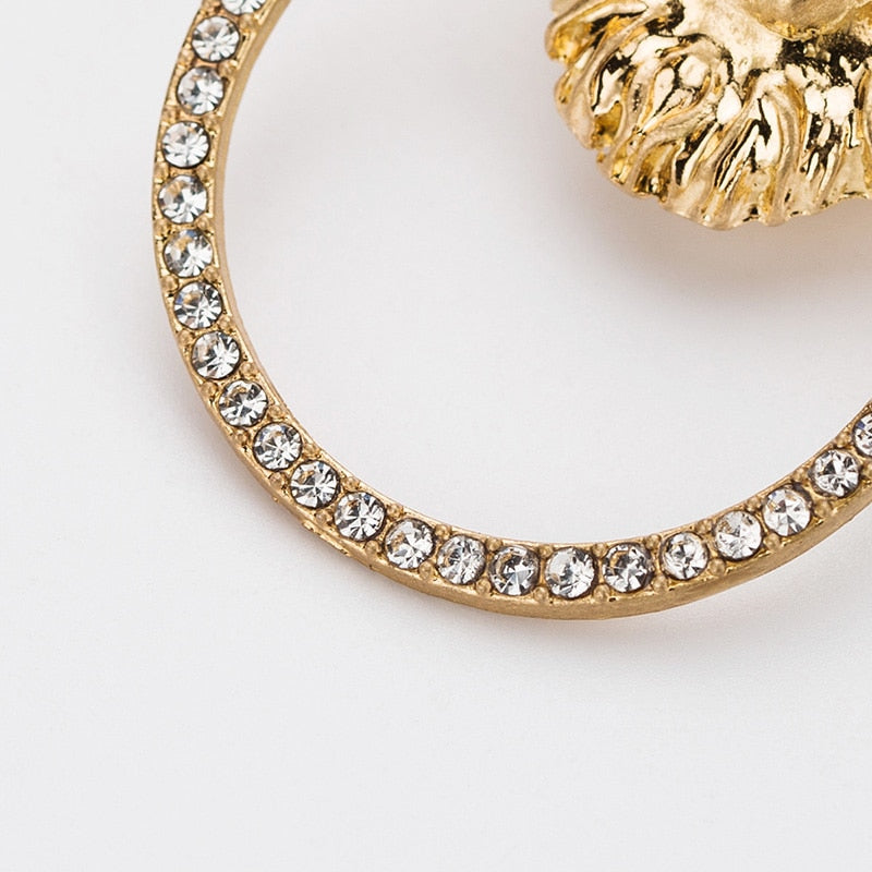 Gold Antique  Lion Head With Rhinestone Circle  Earrings