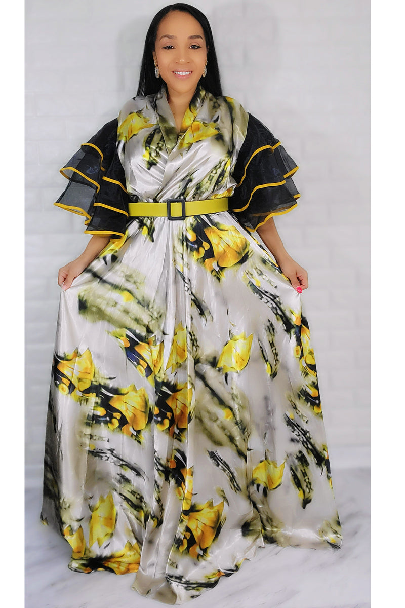 05032022 Chantilly Flowy Style Maxi Dress w Belt  - Yellow