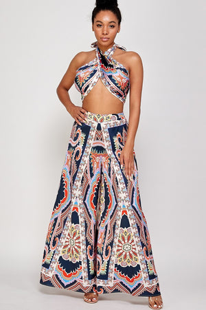 070325 Navy soft and flowy Palazzo two-piece set