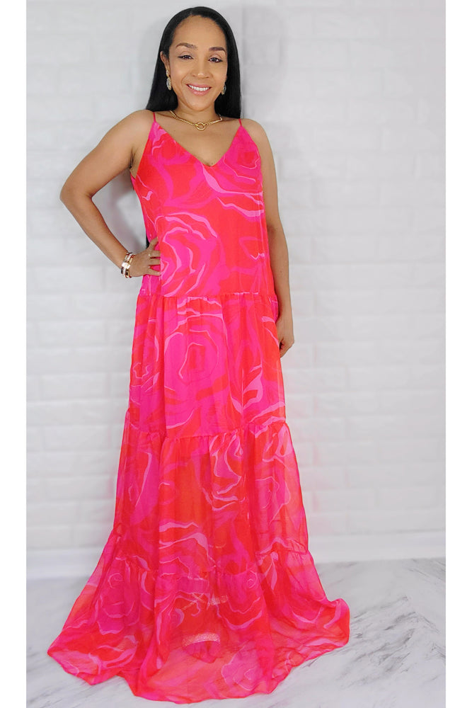 05102022 My Pink Flowers Garden Spaghetti Stripes Maxi Dress