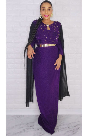 110522  Miss Extra Long Sheer Sleeve Purple Dress