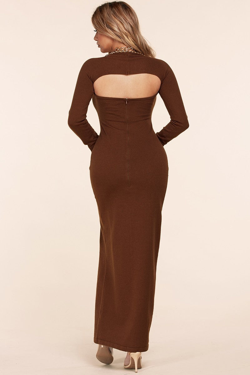 12222021 Brown Knit Chain Sleeve Bodycon Dress