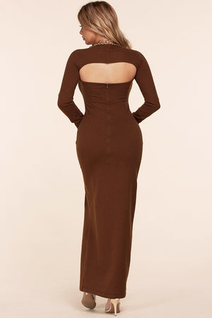 12222021 Brown Knit Chain Sleeve Bodycon Dress