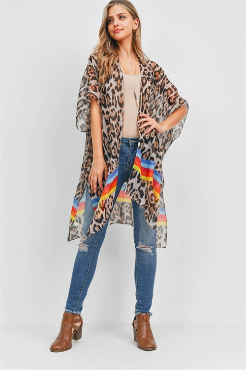 11012021  RAINBOW STRIPE  W LEOPARD PRINT KIMONO- ONE SIZE FIT ALL