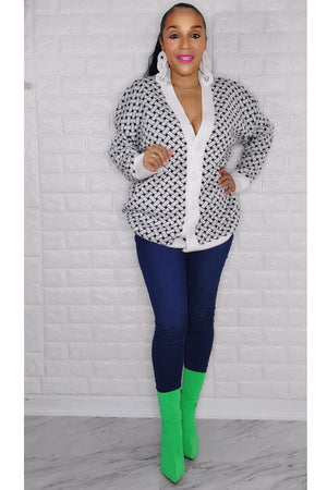 011023 White/Black Print Front Button Down Sweater One Size Fit All