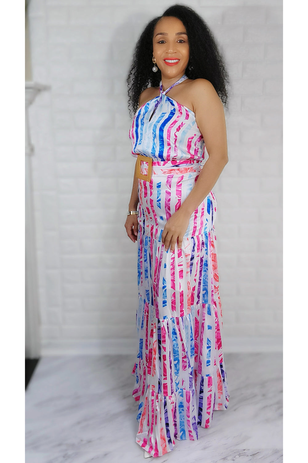 04/26/2022 Blue Multi Color Stripe Printed Maxi Dress