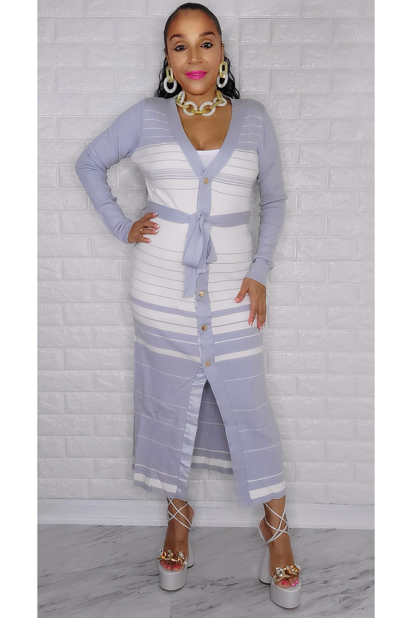 121622 Light Blue/White Button Down Ribbon Midi Dress