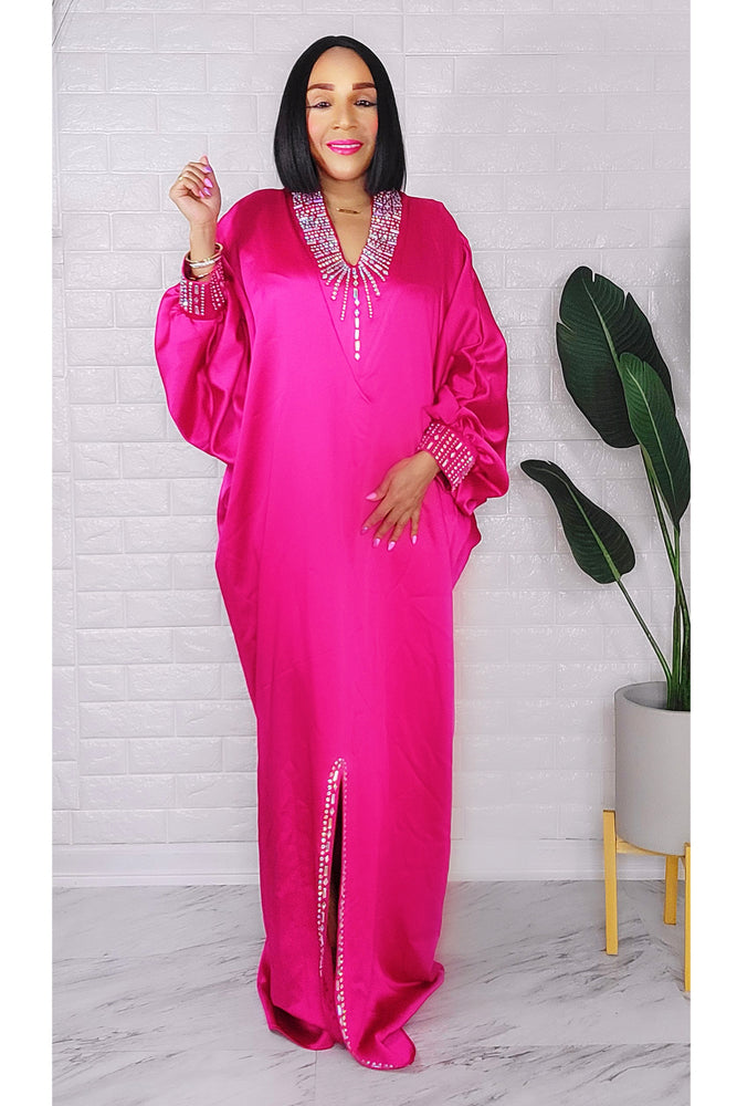 032223 The Fuschia V Crystal Neckline Maxi Dress