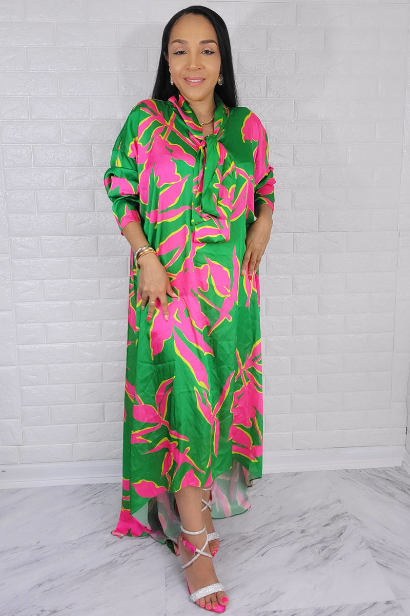 05182022 Green & Pink High Low Oversized Long Sleeve Dress