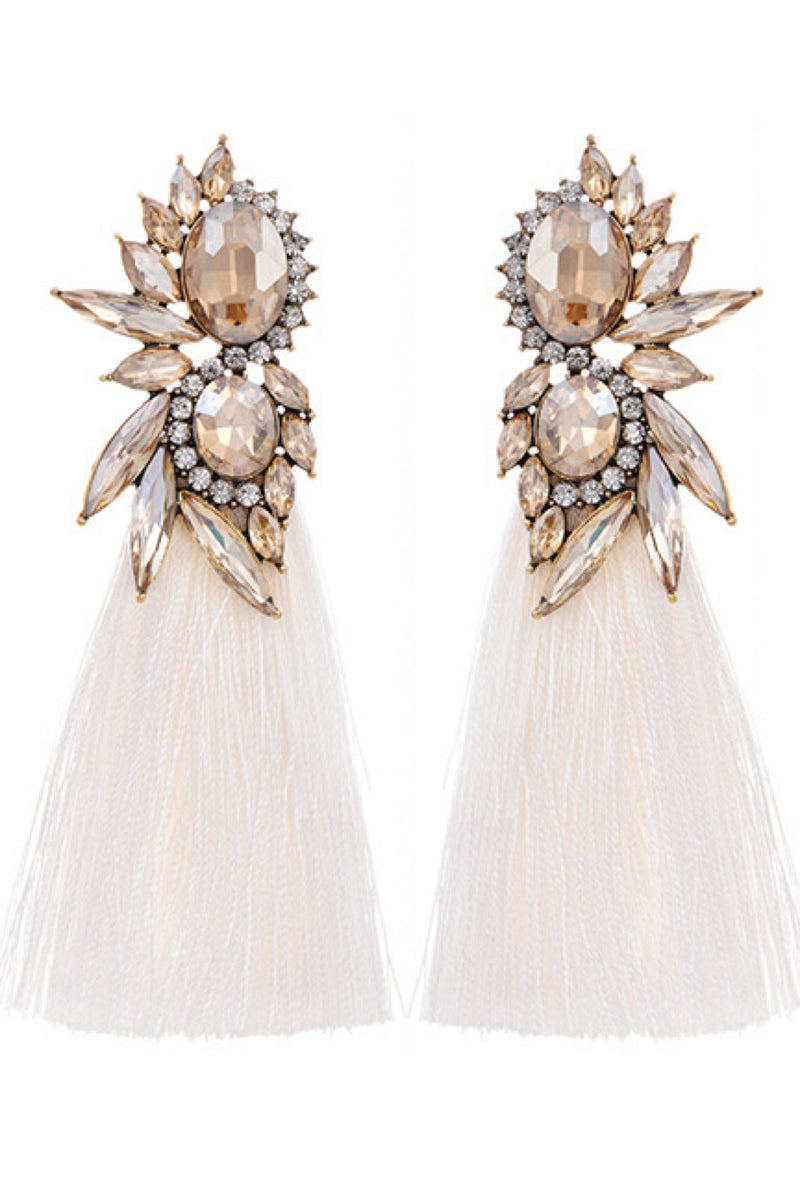 061322 White With Gold Tassel Dripping Earrings