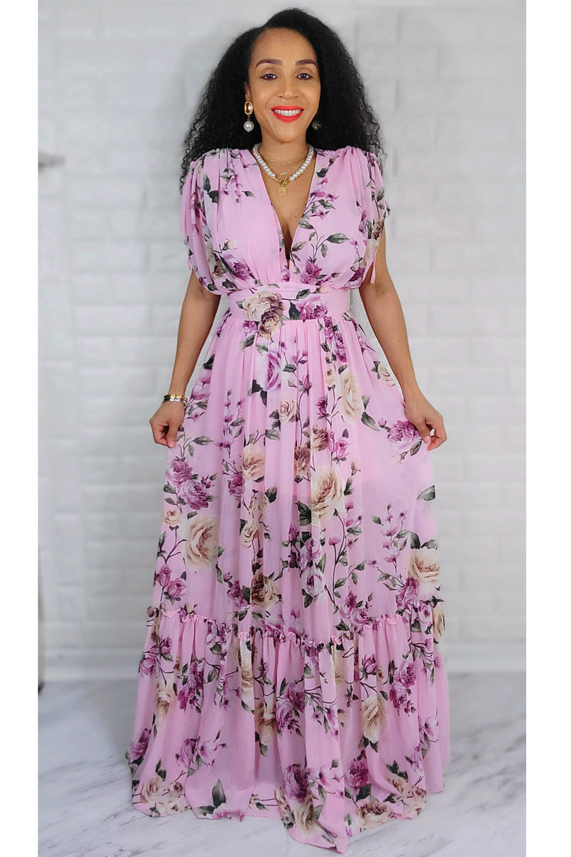 Pink Floral Chiffon Ruched Sleeve Detail V Neck Ruffled Maxi Dress