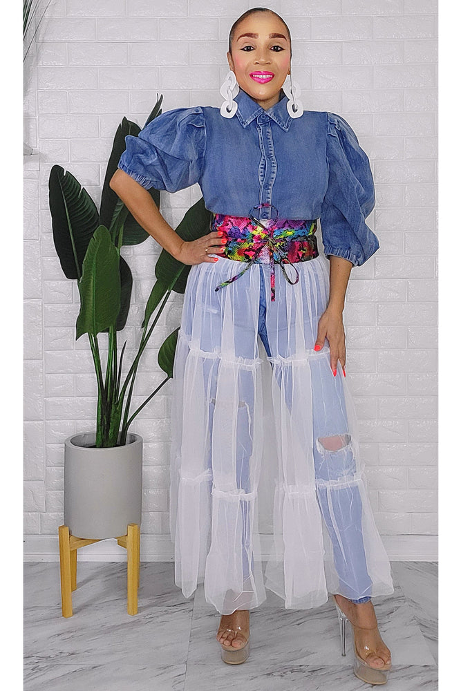 020223 Denim Top Button-Down Collar Puff Shoulder w Mesh Tiered Ruffles Detail