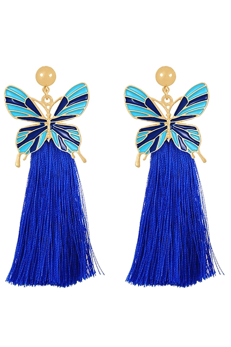 061322 Royal Blue Butterfly Tassel Dripping Butterfly Earrings