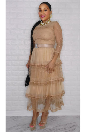 012423 The Beige Lace Ruffle Midi Dress with Belt
