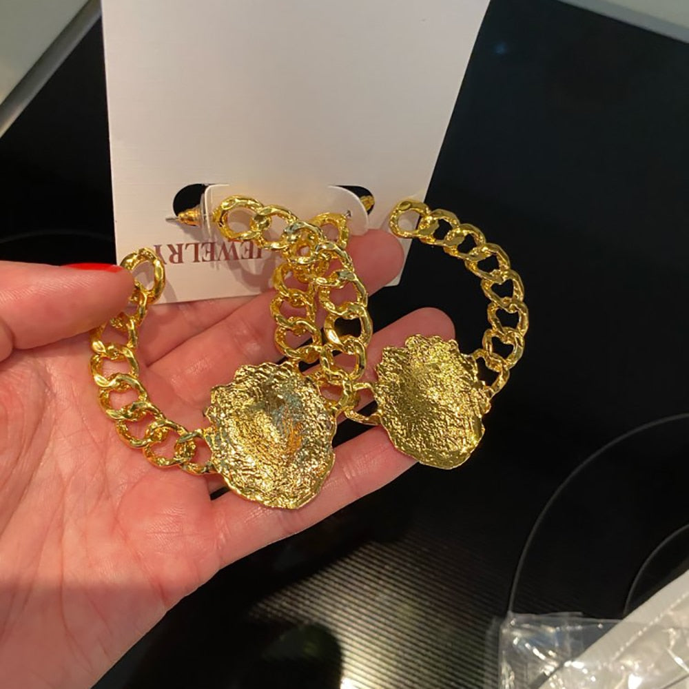 Gold Heavy Lion Head Stud Big Chain Earrings