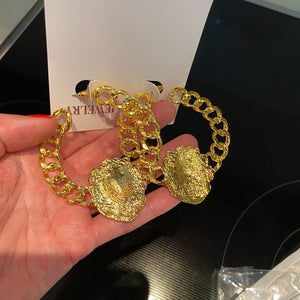 Gold Heavy Lion Head Stud Big Chain Earrings