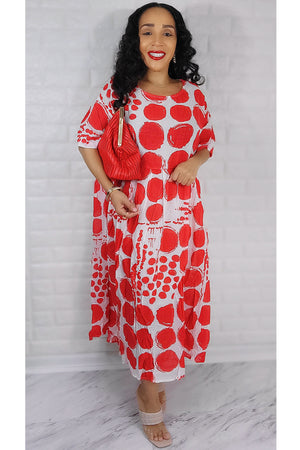 White/Red Polka Dot 1/2 Sleeve Midi Overflow Dress ONE SIZE FIT ALL(S to 2XL)