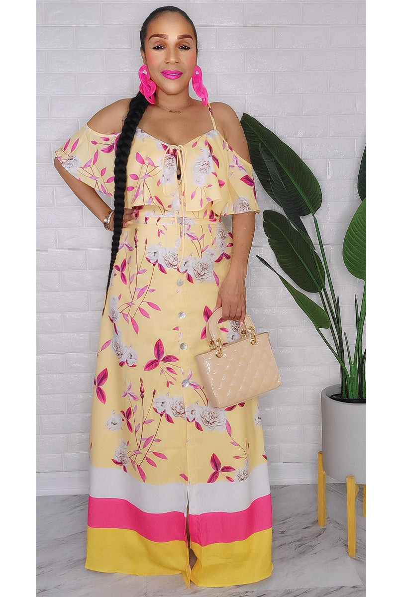 030723 Pink & Yellow Florals Print Maxi Skirt with Crop Top