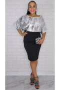 122822 Black Sequin Batwing Top Midi Dress