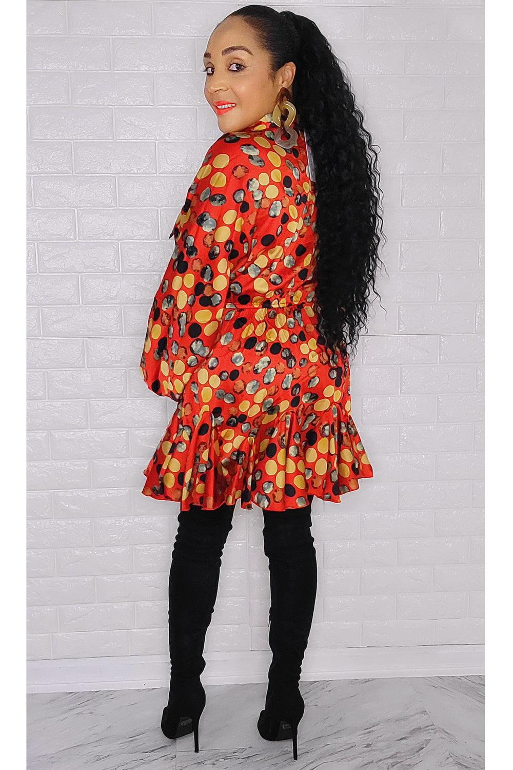 101922 The Red Multi Satin Long Sleeve Dress