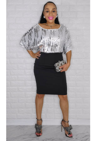 122822 Black Sequin Batwing Top Midi Dress