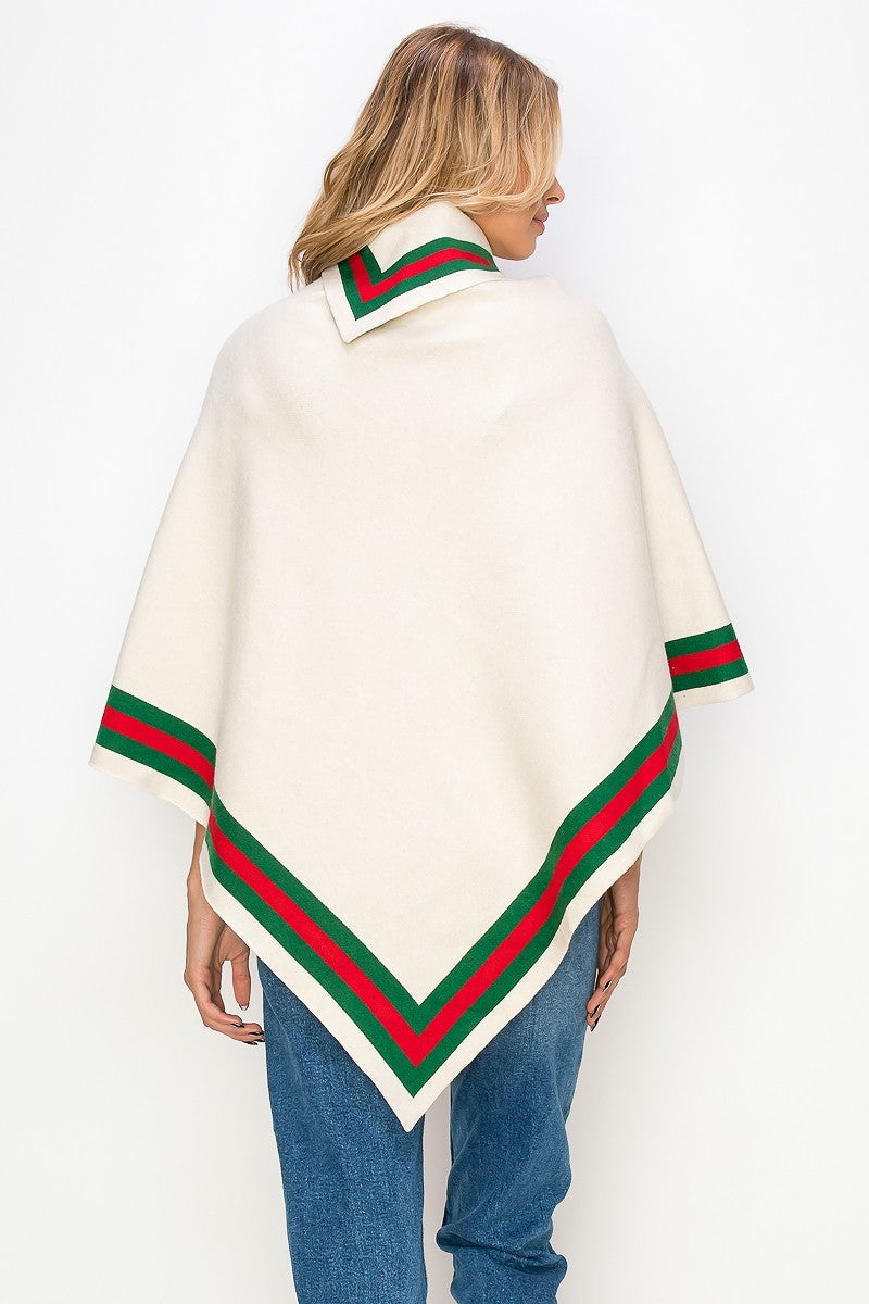 102622 The Ivory Knitted Poncho with Side Color One Size Fit All