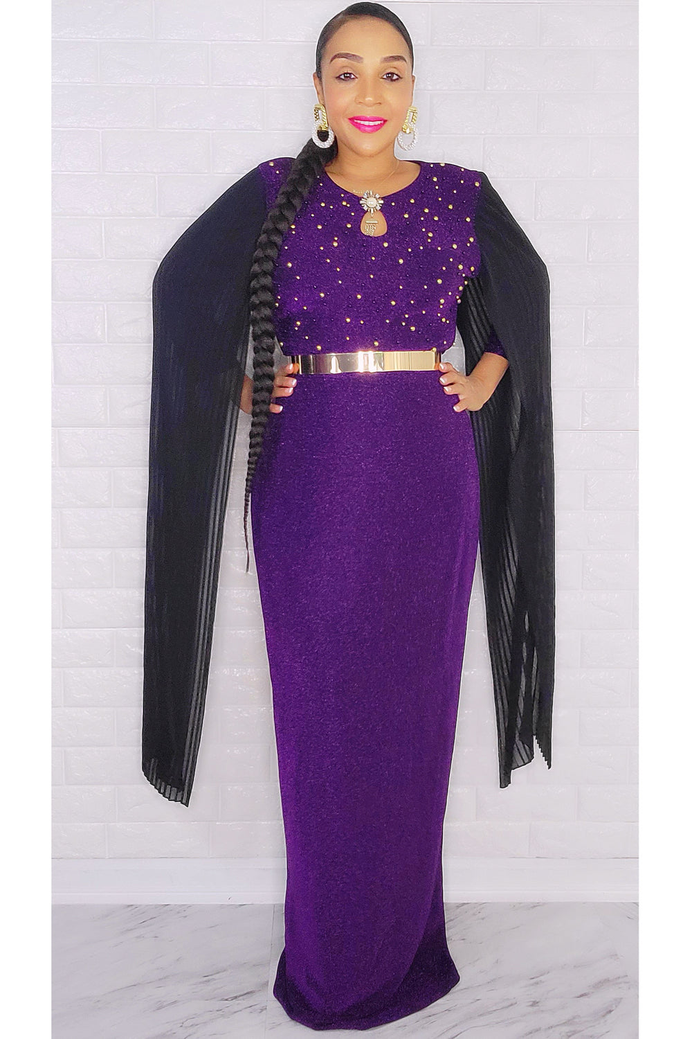 110522  Miss Extra Long Sheer Sleeve Purple Dress