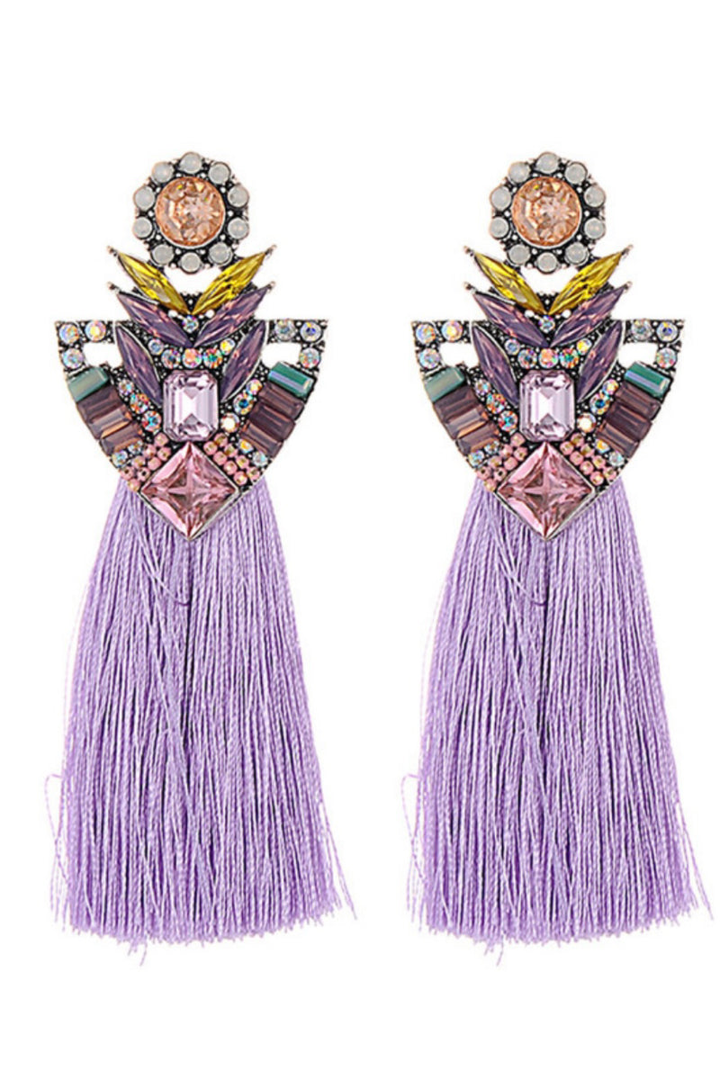 061322 Light Purple Crystal Rhinestone Tassel Earrings UNIK ELEGANCE