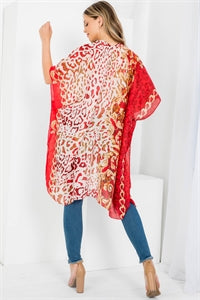 03242022 RED MULTI PATTERN LEOPARD PRINT OPEN FRONT KIMONO