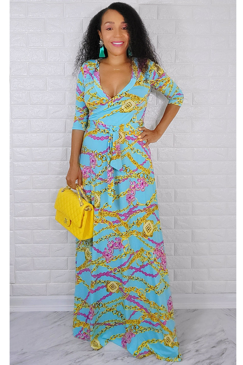 061522 Turquoise With Chain Print Maxi Dress