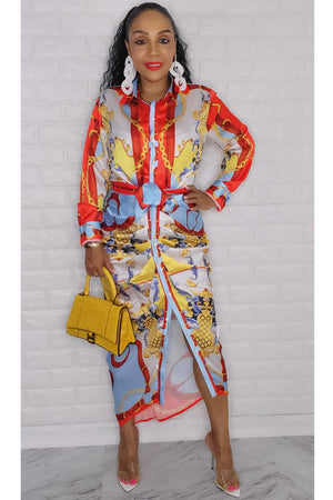 100122  Red Satin Multi Print Midi Dress