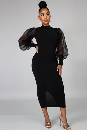 11122021 Back Puffy Slitted Lace Sleeve Fashion Midi Dress