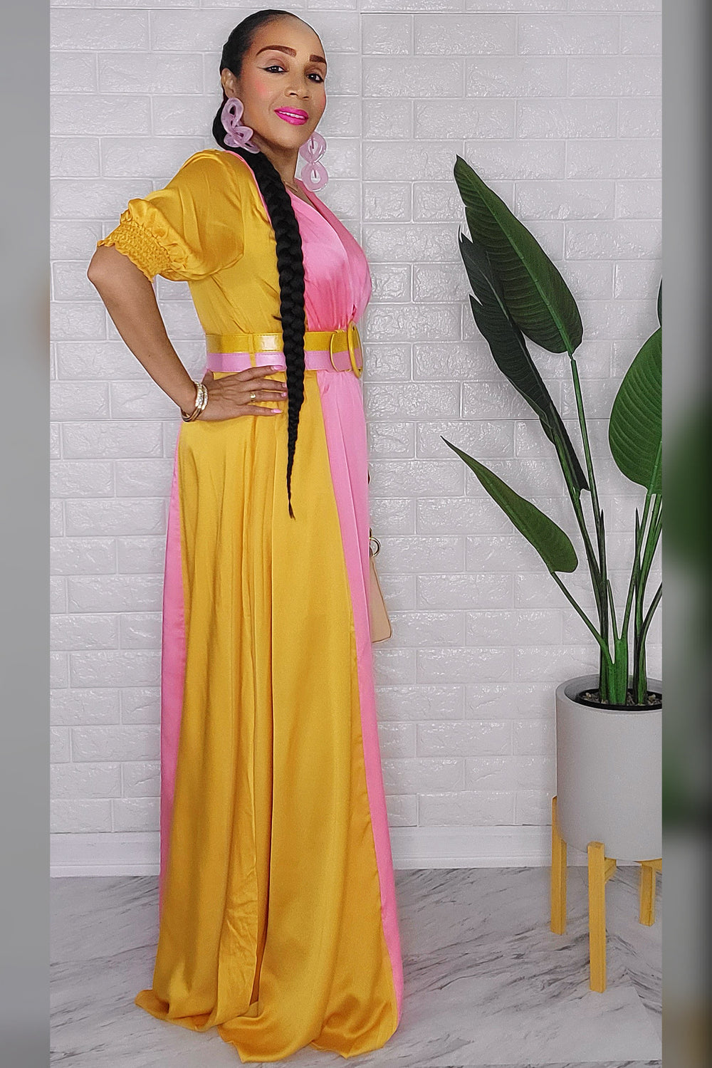 020123 Golden Mustard & Pink Colorblock Maxi Dress