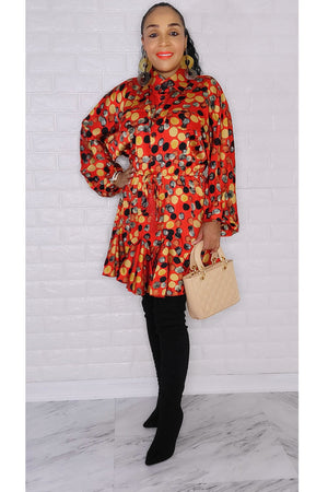 101922 The Red Multi Satin Long Sleeve Dress