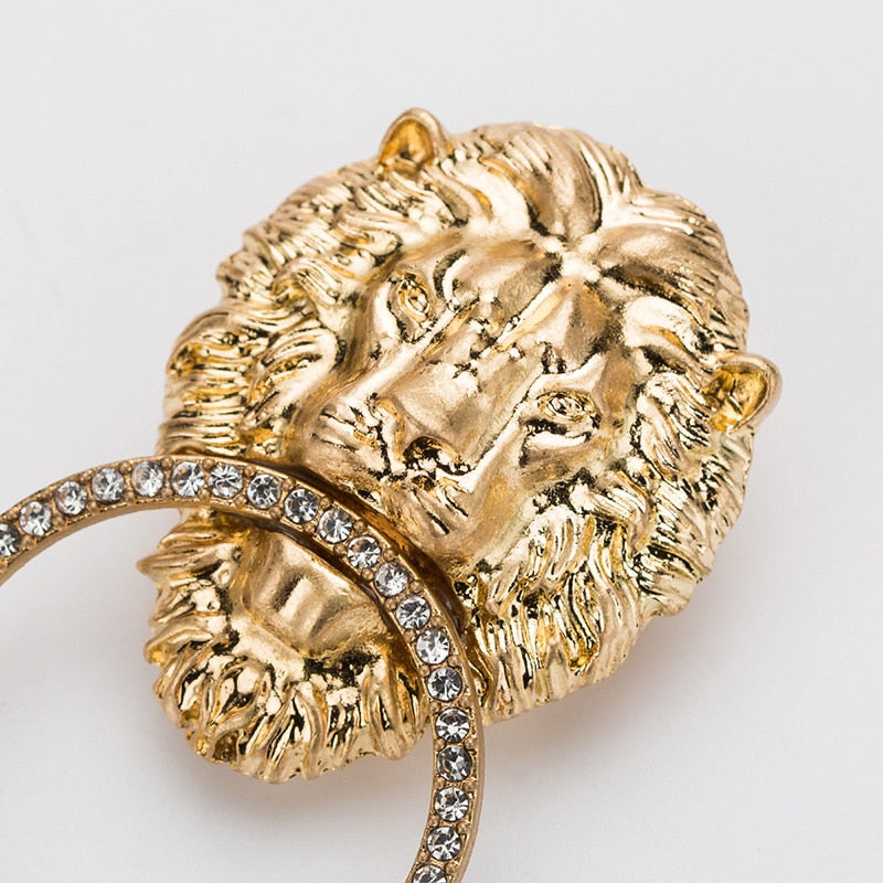 Gold Antique  Lion Head With Rhinestone Circle  Earrings