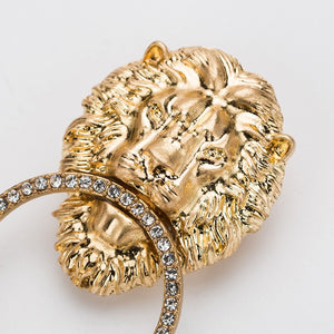 Gold Antique  Lion Head With Rhinestone Circle  Earrings