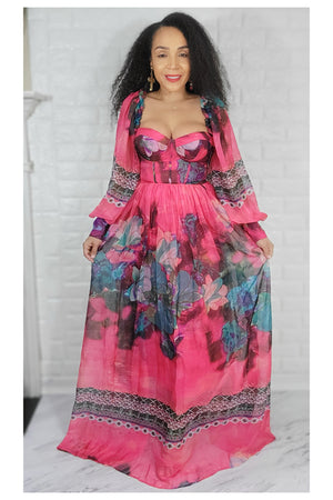03272022 Pink Floral Print Ballon Long Sleeve Maxi Dress