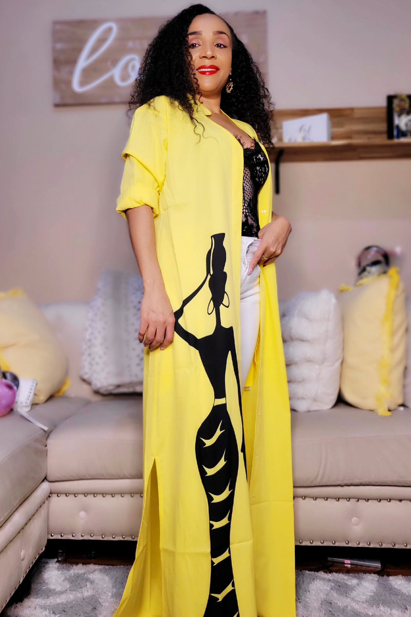 071822 Yellow Long Sleeve Maxi Dress/Duster With African Lady.