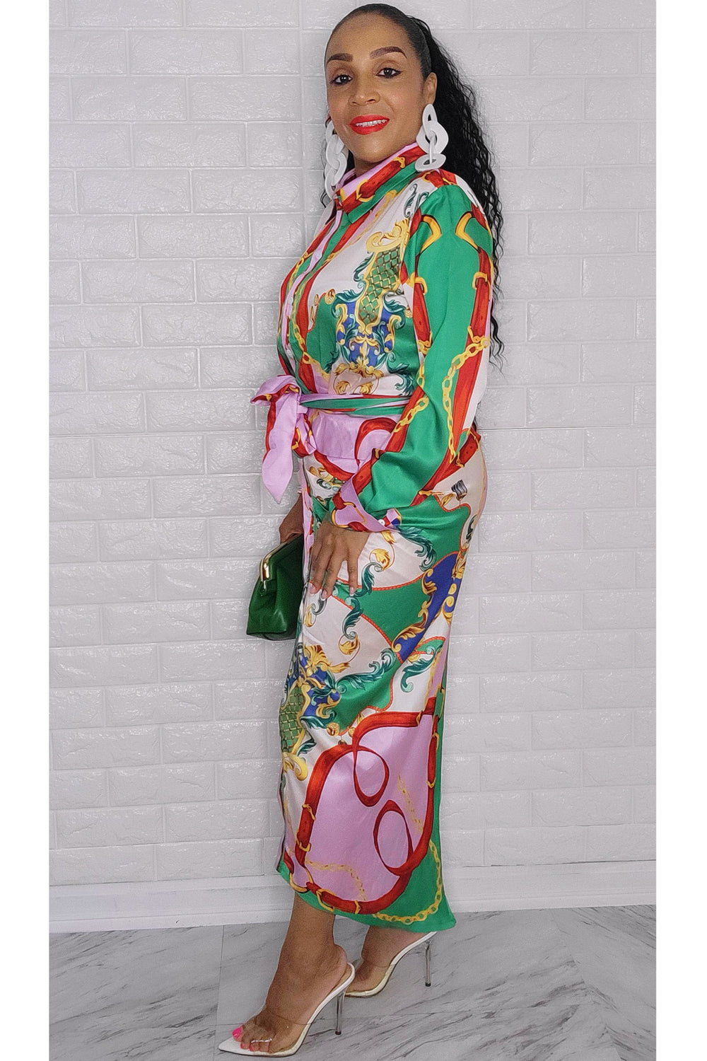 100122 Green Satin Multi Print Midi Dress