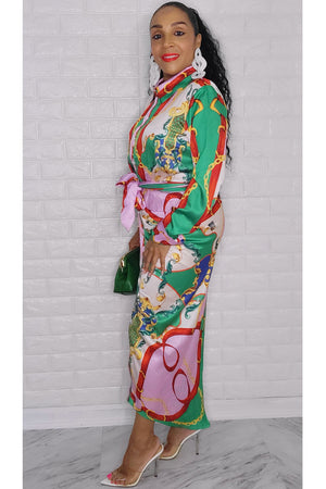 100122 Green Satin Multi Print Midi Dress