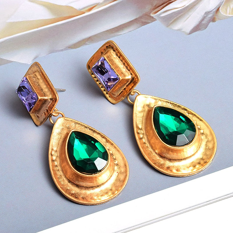 11192021 Purple Green Gold RHINSTONE Square w Ovals Earrings