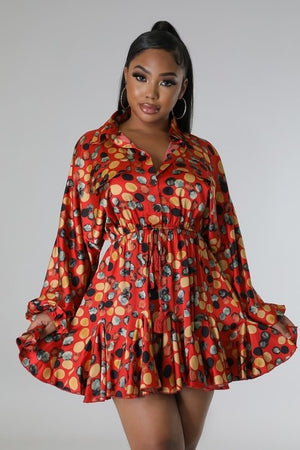 101922 The Red Multi Satin Long Sleeve Dress