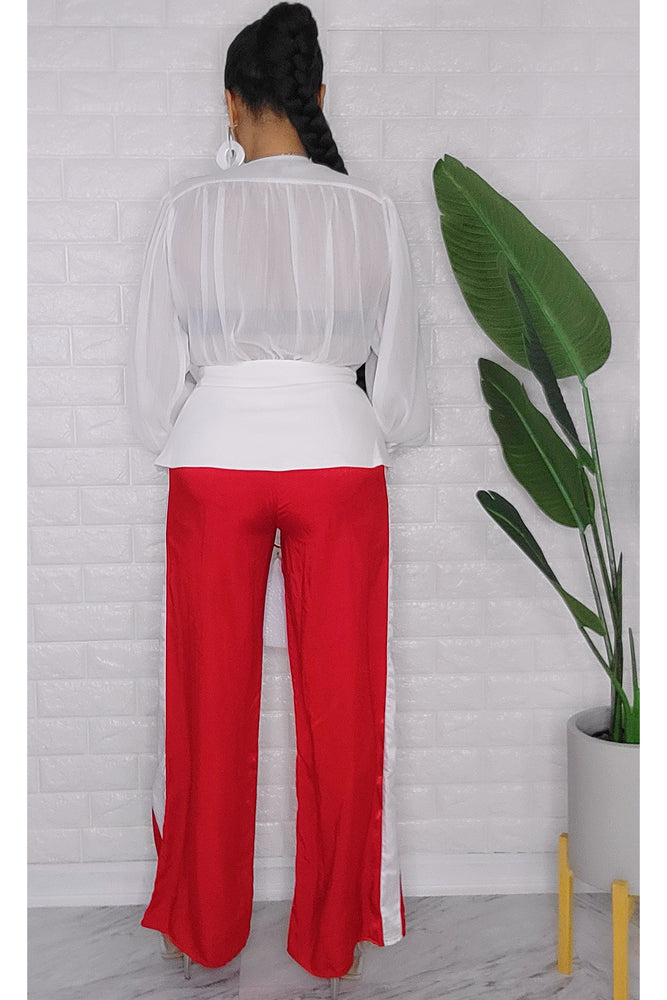 021023 The Red Kimy Tuxedo Style Pant with White Side Stripe