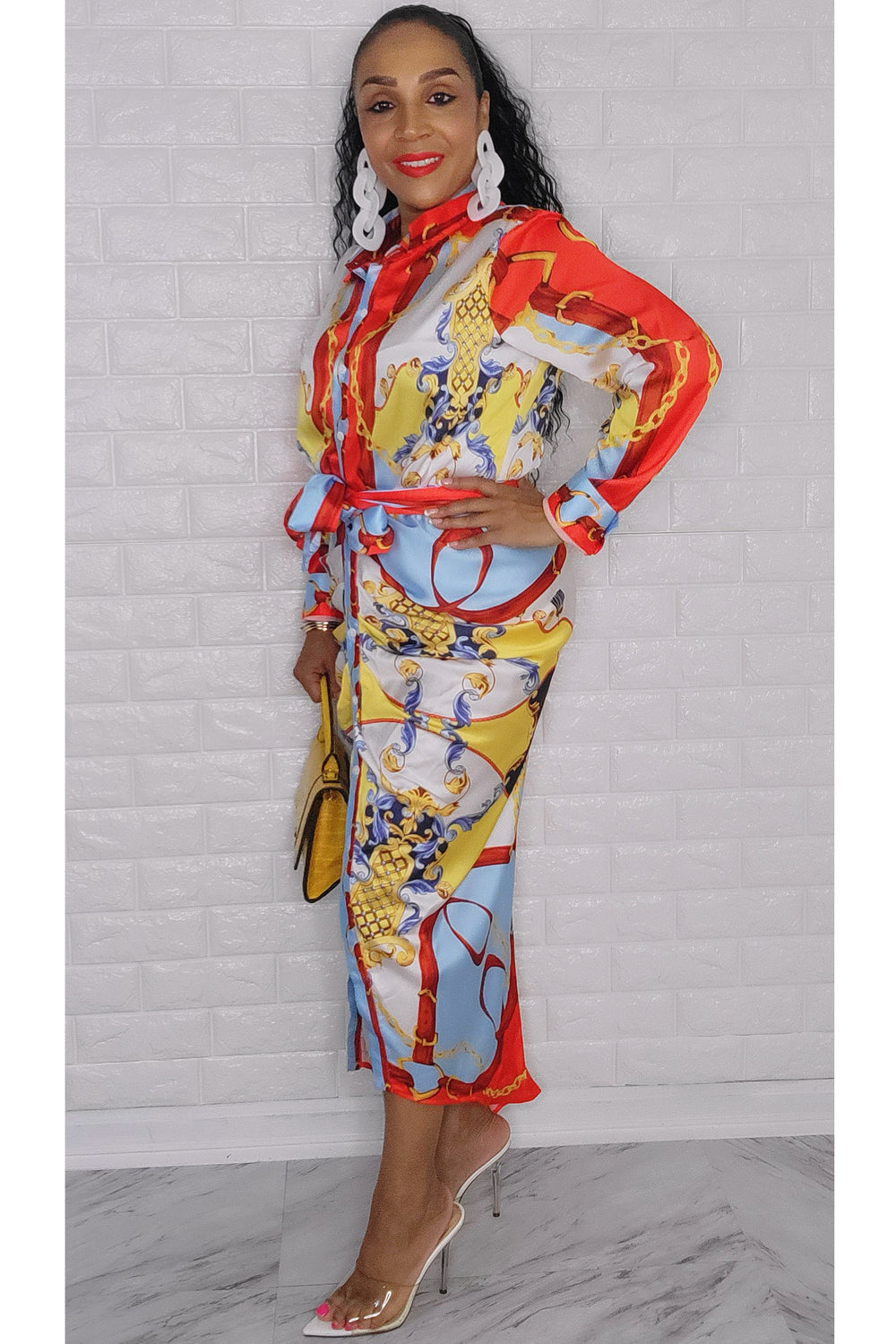 100122  Red Satin Multi Print Midi Dress