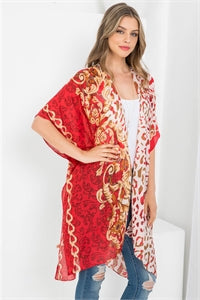 03242022 RED MULTI PATTERN LEOPARD PRINT OPEN FRONT KIMONO