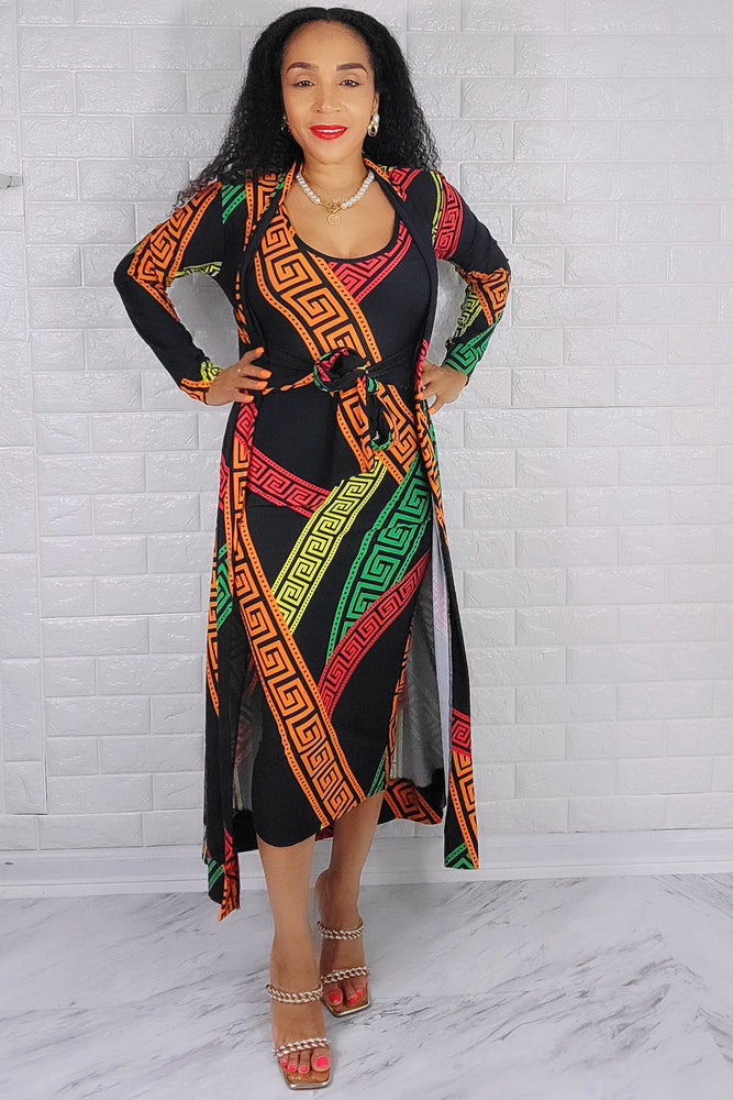 05042022 Green & Orange Multi Print 2 Pc Duster & Dress