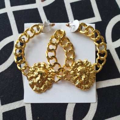 Gold Heavy Lion Head Stud Big Chain Earrings