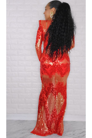 121022  Red Sequin Long Sleeve Maxi Dress