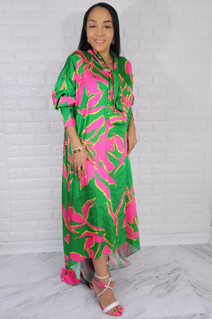 05182022 Green & Pink High Low Oversized Long Sleeve Dress