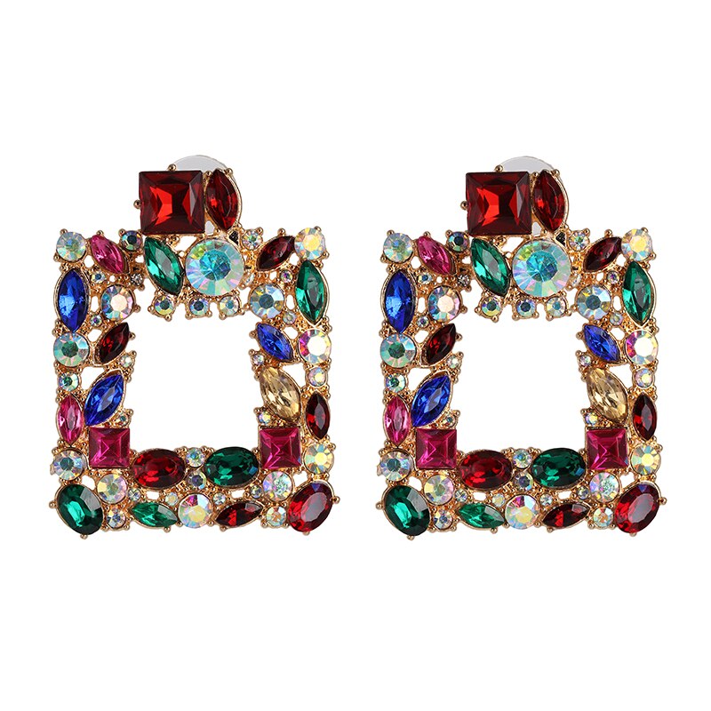 11092021 Multi Colors Square Geometric Rhinestone Drop Earrings